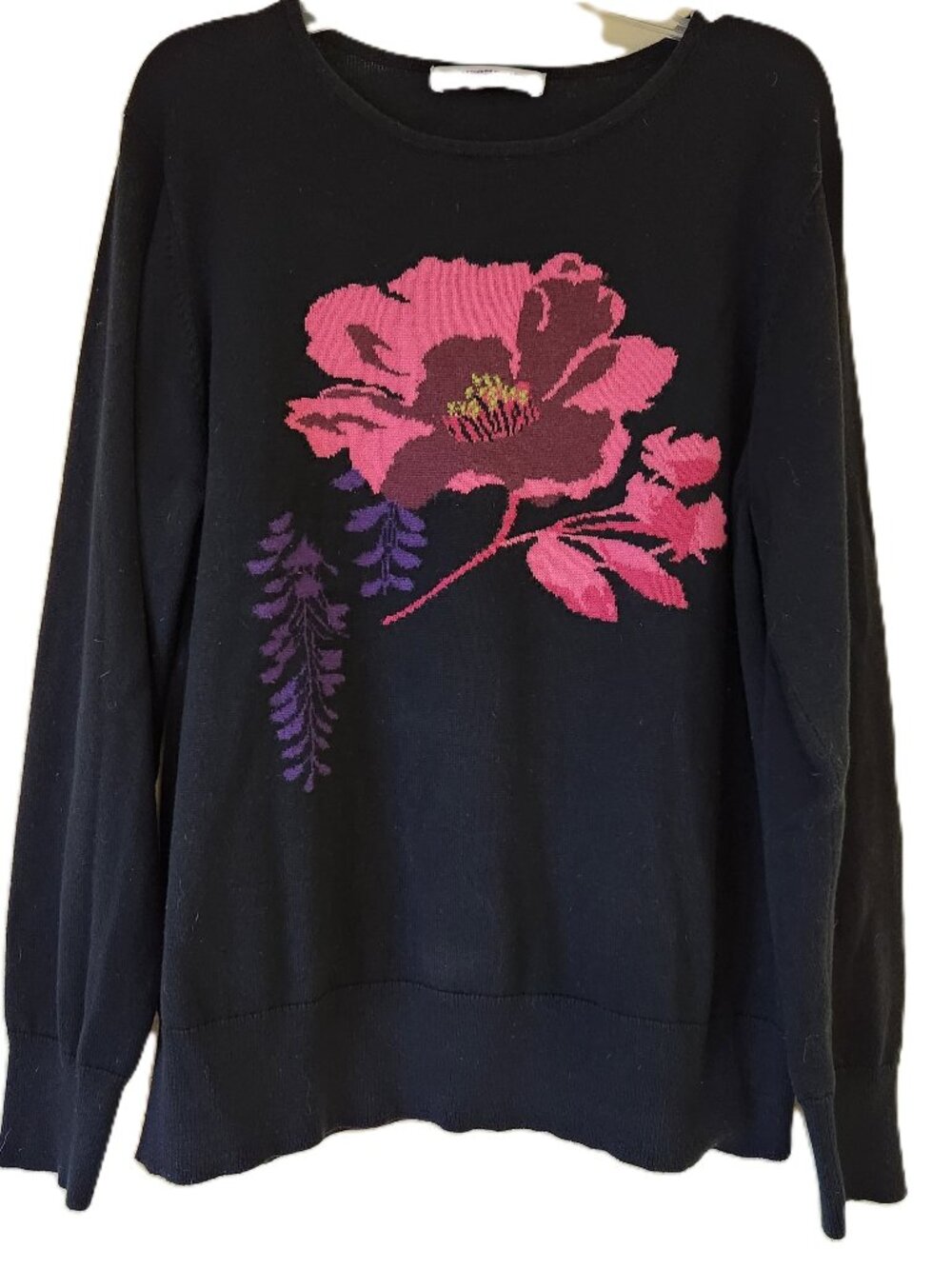 Allison Daley Petite Floral Knit Sweater Black, Pink, Purple Petite Small/Medium